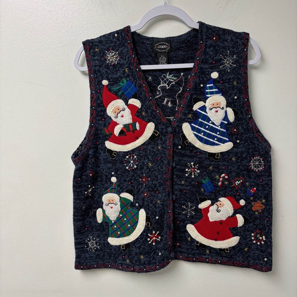 Designers Studio Originals Vintage Christmas Santa Embroidered Navy Vest‎ Large